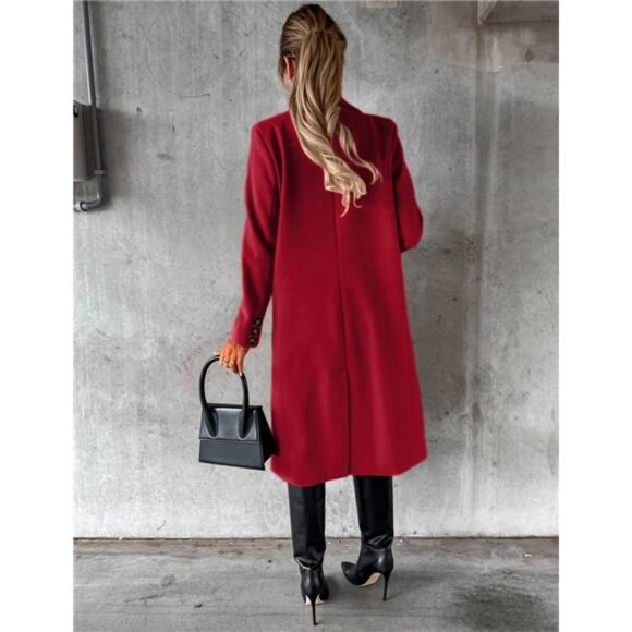 Womens Long Wool Coat Double Breasted Trench Coat Wine Red - Picture 2 of 4